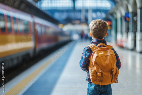 Boy waiting for express train on railway station platform. Kid with backpack on a subway. Travel, tourism, vacation and family concept