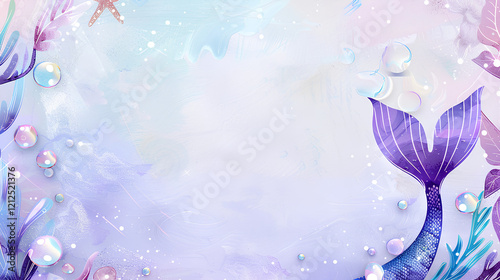 empty rectangular frame for a mermaid birthday party invitation, with pastel purple and blue tones and small bubbles.