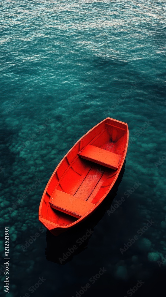 Red boat floating peacefully on calm water during a sunny day with blue sky and gentle waves Red boat floating peacefully on calm water during a sunny day with blue sky and gentle waves