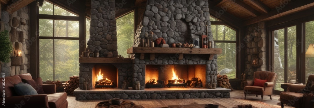 Cabin in the woods with a large stone fireplace, crackling fire, stone fireplace forest tree trunks Cabin in the woods with a large stone fireplace, crackling fire, stone fireplace forest tree trunks