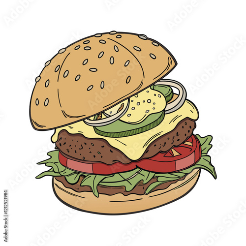 Delicious Cheeseburger Illustration Vector with Fresh Toppings cheeseburger vector, burger illustration, fast food vector, hamburger design, cheese and beef burger, food art vector, sandwich vector