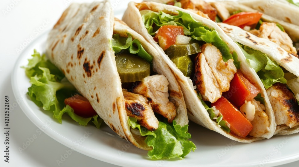 A plate of savory chicken shawarma wraps with grilled chicken, lettuce, tomatoes