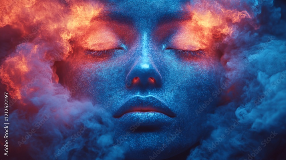 Surreal portrait of a woman with blue and fiery clouds Surreal portrait of a woman with blue and fiery clouds