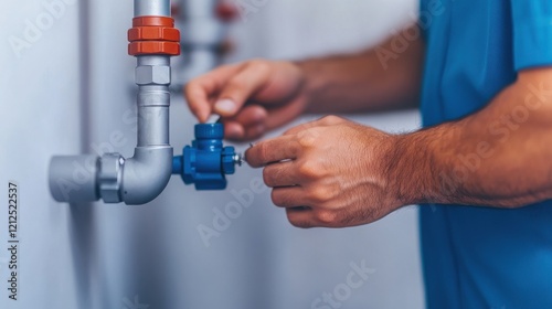 A skilled plumber adjusting a valve on plumbing pipes in a home. Focus on hands and tools, showcasing expertise in plumbing. photo