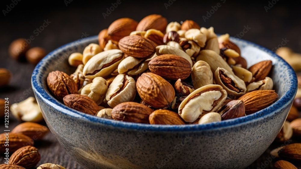 A bowl filled with a variety of mixed nuts, showcasing their textures and colors. A bowl filled with a variety of mixed nuts, showcasing their textures and colors.