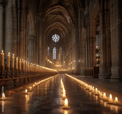 Cathedral interior with a single spotlight on a row of candles  sense of drama  focused light  powerful lighting