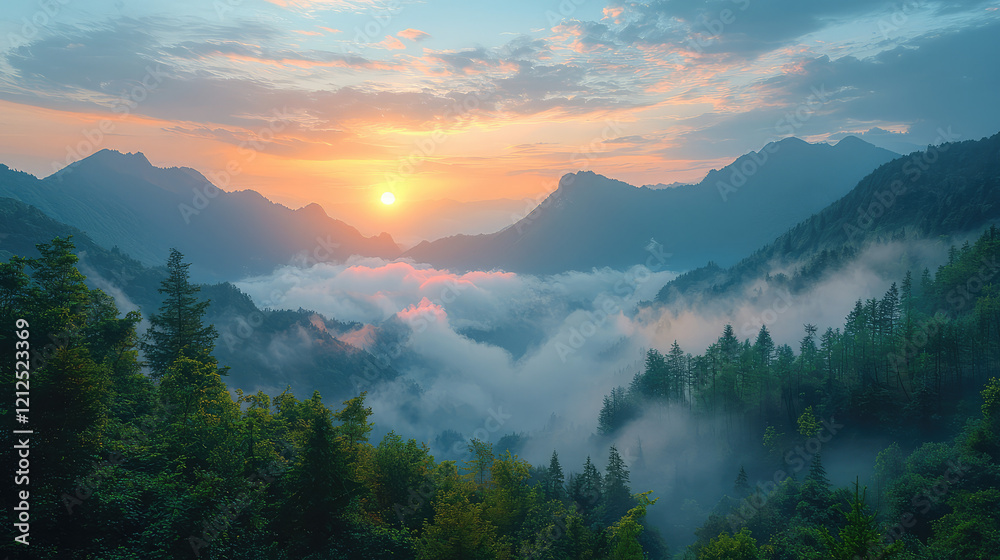 Obraz premium A scenic view of a mountain range at sunrise, with mist rolling over the valleys