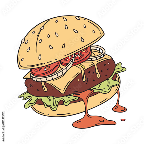 Delicious Cheeseburger Illustration Vector with Fresh Toppings cheeseburger vector, burger illustration, fast food vector, hamburger design, cheese and beef burger, food art vector, sandwich vector