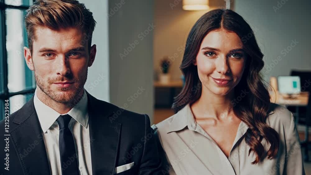 Positive Businessman and Businesswoman in Office Positive Businessman and Businesswoman in Office