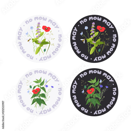 No mow May badges and stickers concept, wild flowers, grass and plants vector illustration