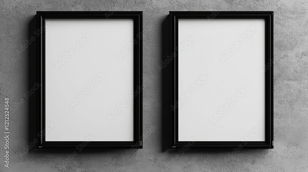 Fototapeta premium Empty Black Frames with White Signs on Gray Wall Ideal for Movie Theater Display or Art Exhibition Space Decoration