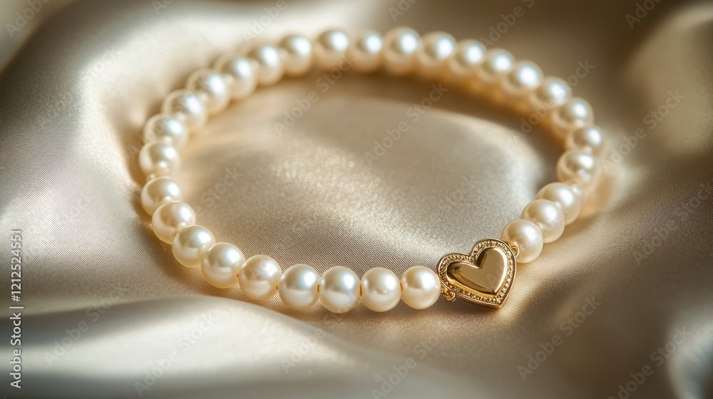 Elegant Pearl Bracelet with Heart Charm on Soft Satin Background Elegant Pearl Bracelet with Heart Charm on Soft Satin Background