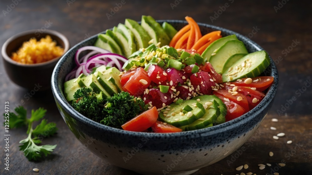 A colorful salad bowl featuring fresh vegetables and tuna, showcasing healthy eating. A colorful salad bowl featuring fresh vegetables and tuna, showcasing healthy eating.