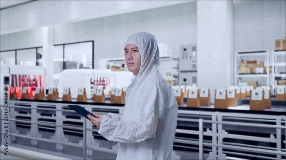 Side View Of Asian Male Scientist Using A Tablet And Looking Around While Standing With Conveyor for Packaging Coffee Beans in Bags at Coffee Factory Side View Of Asian Male Scientist Using A Tablet And Looking Around While Standing With Conveyor for Packaging Coffee Beans in Bags at Coffee Factory