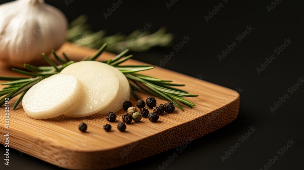 A wooden cutting board with a few pieces of garlic and some black pepper on it