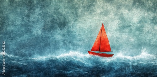 A Red Sailboat Braving Stormy Ocean Waves photo