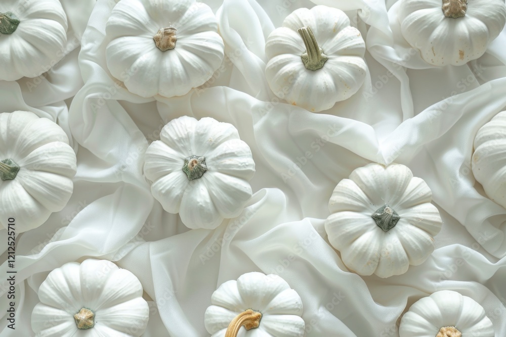 White Pumpkins on Soft Drapery in Natural Bright Light Setting