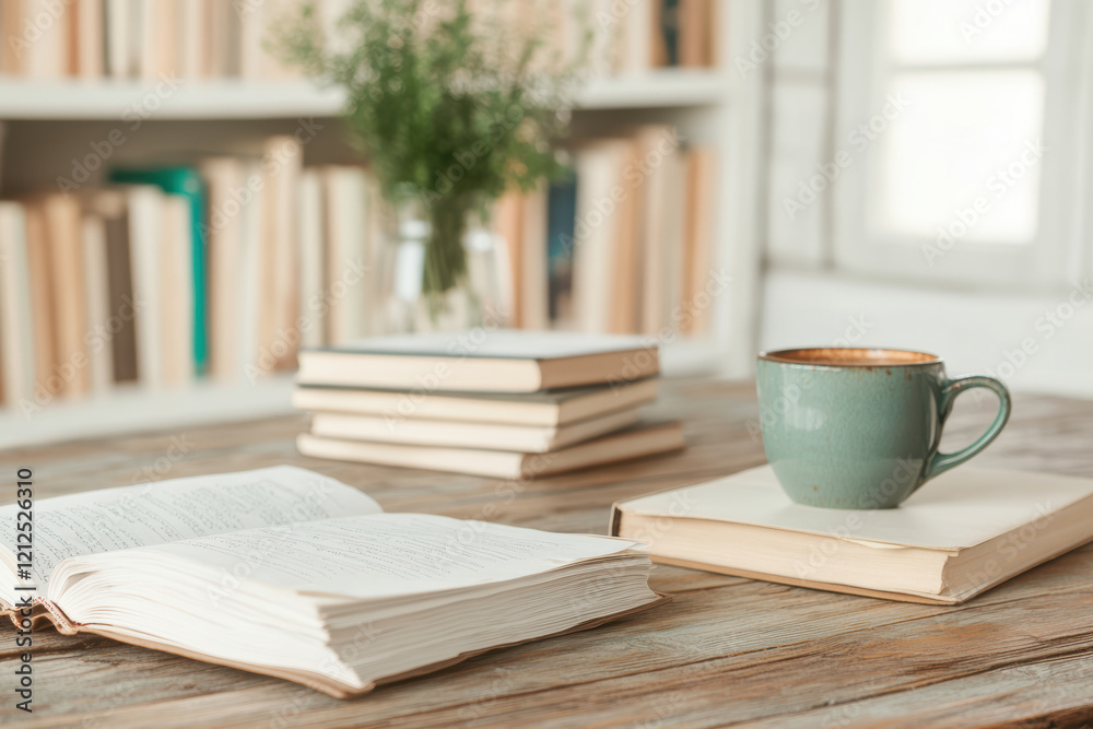 Cozy reading nook with books and a coffee mug on a wooden table in a home library setting Cozy reading nook with books and a coffee mug on a wooden table in a home library setting