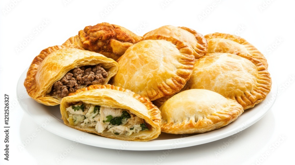 A plate of savory empanadas with a flaky pastry crust and a variety of fillings such as beef, chicken, and cheese A plate of savory empanadas with a flaky pastry crust and a variety of fillings such as beef, chicken, and cheese