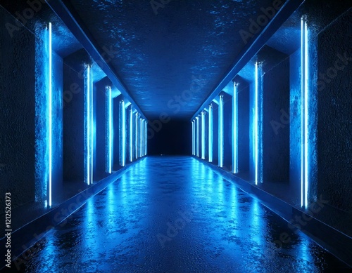 Futuristic Sci Fi Modern Elegant Alien Dark Grunge Concrete Room With Classic Pantone Blue Glowing 
