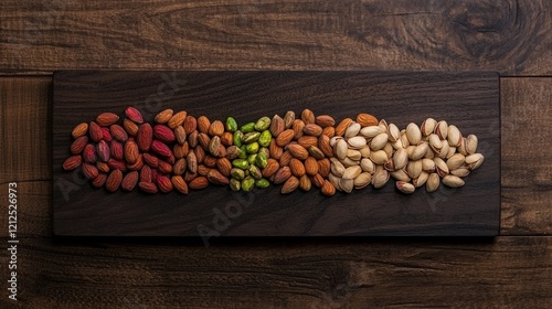 A wooden board with a variety of nuts on it photo