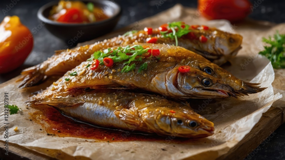 Grilled fish garnished with herbs and chili, served on parchment paper. Grilled fish garnished with herbs and chili, served on parchment paper.