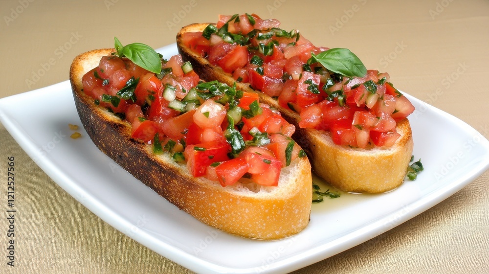 Fresh and Delicious Bruschetta with Chopped Tomatoes, Basil, and Olive Oil Served on Toasted Baguette Slices for Appetizing Gourmet Snack or Appetizer Fresh and Delicious Bruschetta with Chopped Tomatoes, Basil, and Olive Oil Served on Toasted Baguette Slices for Appetizing Gourmet Snack or Appetizer