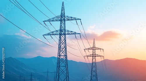 Electricity pylons at sunset landscape