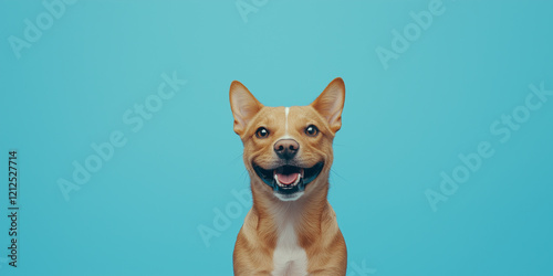 Banner with pets. Brown dog smiling with cheerful expression, isolated on blue colored background