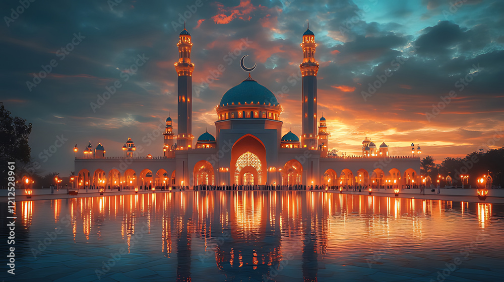 Fototapeta premium Sunset Mosque Reflection, Peaceful Asian Cityscape, Prayer