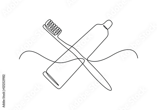 Continuous one line drawing of brush with toothpaste. Vector illustration