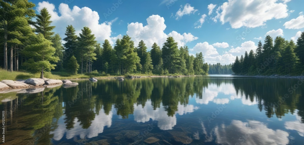 Fototapeta premium Clear blue sky and fluffy white clouds over a serene lake with trees along the shore, serene, fluffy, clouds