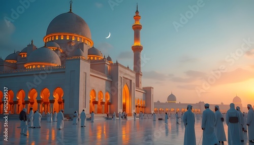 Beautiful mosque at dusk with people in white traditional clothing a stunning architectural masterpiece photo