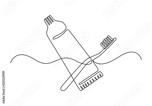 Continuous one line drawing of brush with toothpaste. Vector illustration