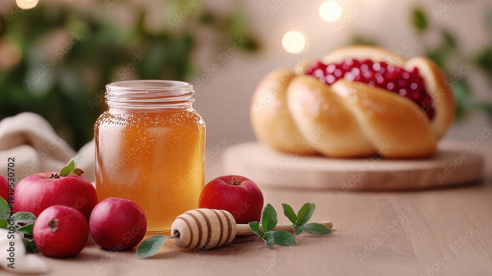 honey jar surrounded by red apples honey jar surrounded by red apples