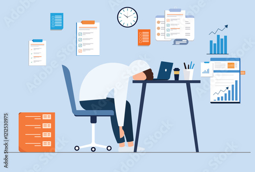 Exhausted employee overwhelmed with workload, surrounded by charts, documents, and a laptop in a messy office.
for stress, burnout, deadlines, overwork, productivity, and workplace challenges themes.