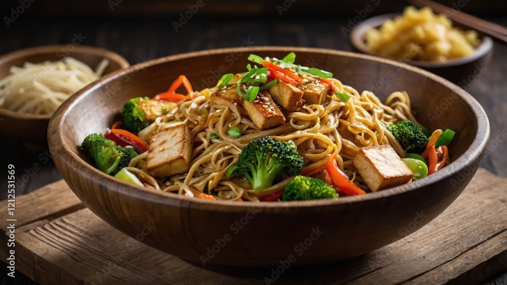 A bowl of stir-fried noodles with tofu, broccoli, and colorful vegetables. A bowl of stir-fried noodles with tofu, broccoli, and colorful vegetables.