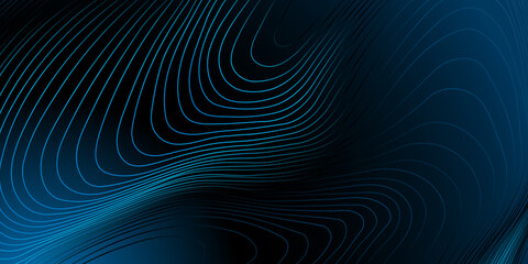 Abstract topographic lines in blue, purple and teal tones over a dark background. Texture of lines. Geodesy topographic map background. Copy space