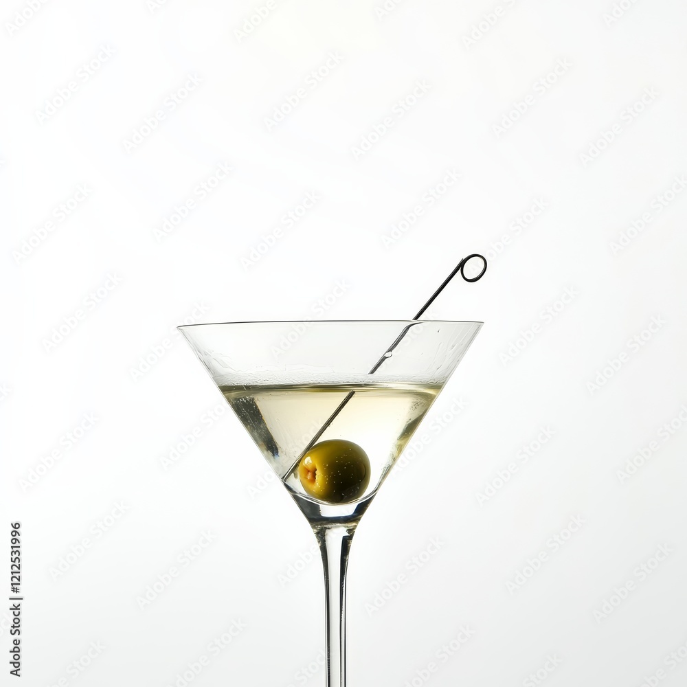 An elegant martini with an olive and cocktail pick, positioned against an isolated white background, minimalism art style An elegant martini with an olive and cocktail pick, positioned against an isolated white background, minimalism art style