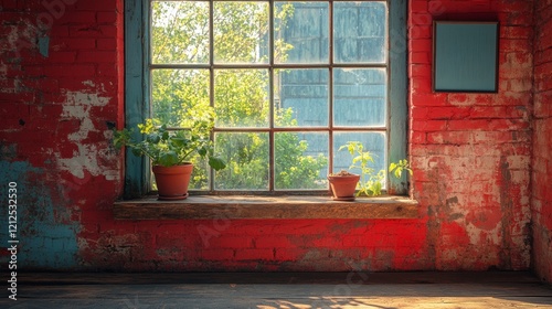 Rustic brick wall with potted plants and natural light photo