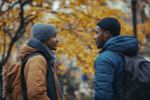 Friends having a conversation in a park, symbolizing social support for mental well-being photo