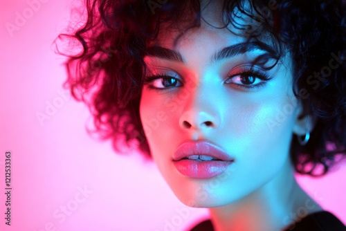 Short trim - curly hair. Stunning calm mixed-race girl - for ads, advertisement and digital marketing use. Commercial commercial artwork. Advertising short hair shot. Short hair fashion shoot.