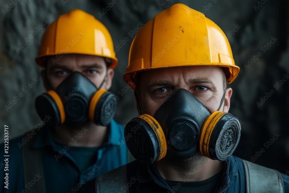 Miners in hard hats and masks prepare for their shift in a dimly lit tunnel at a coal mine Miners in hard hats and masks prepare for their shift in a dimly lit tunnel at a coal mine