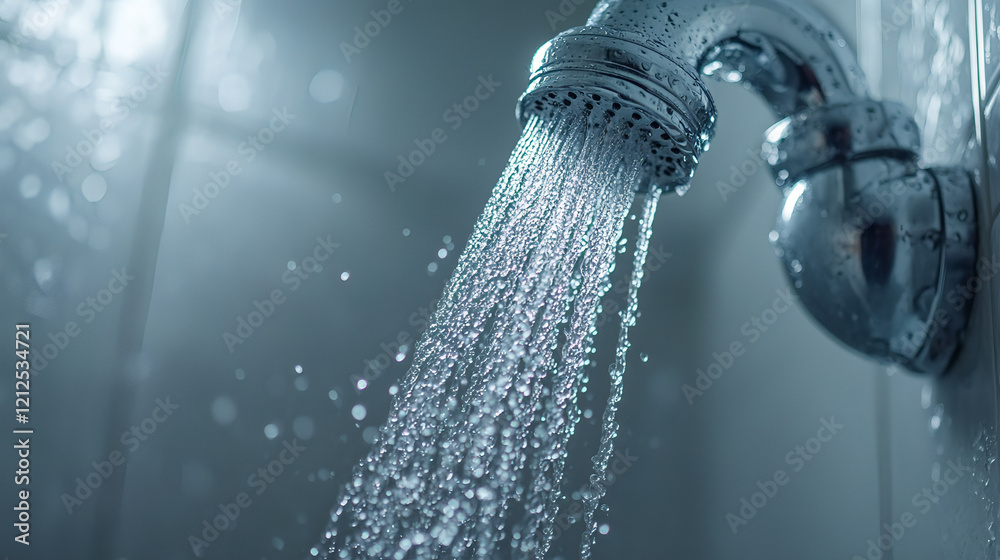 Close-Up of a Modern Shower Head with Water Droplets Sparkling in Soft Light, Highlighting Freshness, Cleanliness, and Relaxation in a Stylish Bathroom Setting Close-Up of a Modern Shower Head with Water Droplets Sparkling in Soft Light, Highlighting Freshness, Cleanliness, and Relaxation in a Stylish Bathroom Setting