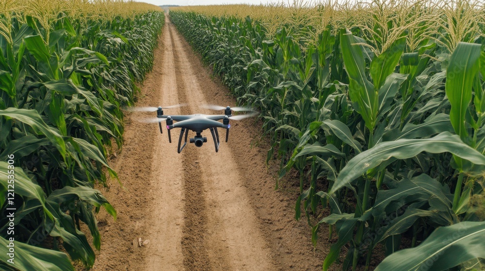 Obraz premium Drone Surveying Cornfield Crop for Agricultural Technology Analysis