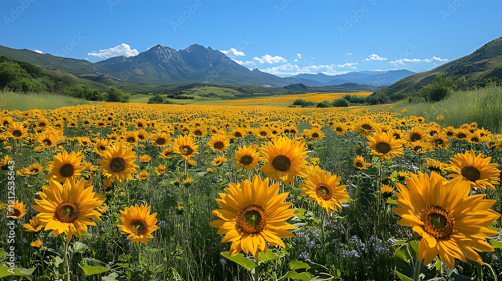 Obraz premium Sunflowers blooming in mountain valley field, summer