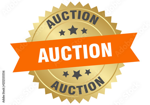 auction. auction round orange and gold label isolated on transparent background