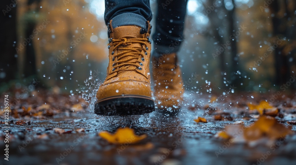 Hiker stepping in a puddle during an autumn rain Hiker stepping in a puddle during an autumn rain