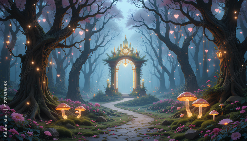 Obraz premium Valentine's Day Background: Magical Fantasy Forest with Glowing Mushrooms, Fairy Lights, and Enchanted Archway