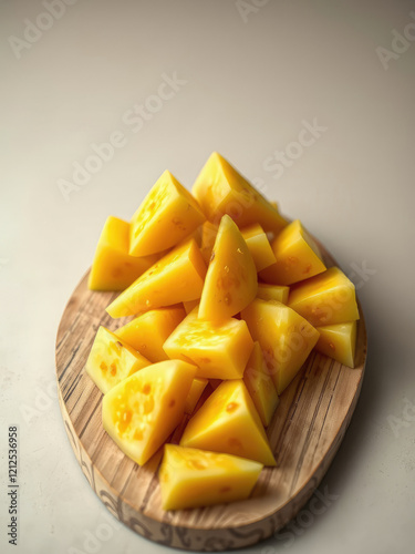 Close-up of ripe yellow watermelon pieces on rustic wooden board, dietary supplement, edible art, heart-healthy, tropical refreshment photo